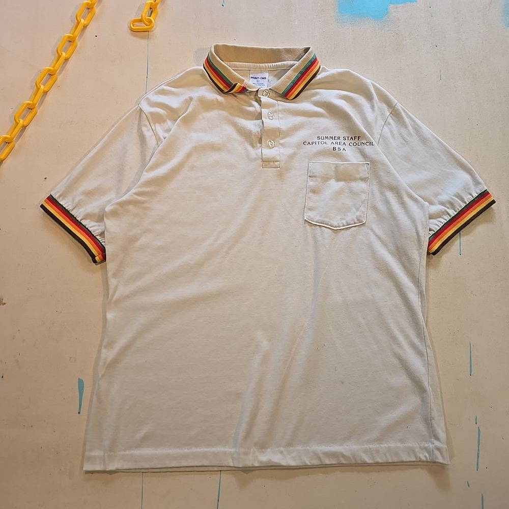 VTG BSA Summer Staff Capitol Area Council L Polo‎ Shirt Print-Ons  Rainbow USA